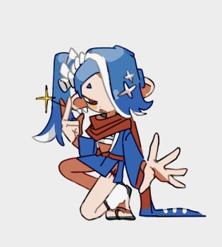 1girl aluy01 blue_hair chest_sarashi hair_over_one_eye kneeling ninja nintendo octoling open_mouth red_eyes sandals sarashi scarf shiver_(splatoon) solo splatoon_(series) splatoon_3 tentacle_hair thigh_strap