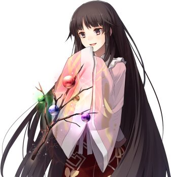 1girl artist_request branch brown_eyes brown_hair collared_shirt frilled_shirt_collar frills game_cg houraisan_kaguya jeweled_branch_of_hourai labyrinth_of_touhou_(series) labyrinth_of_touhou_2 long_hair long_sleeves official_art open_mouth pink_shirt red_skirt shirt skirt smile solo third-party_source touhou transparent_background very_long_hair wide_sleeves