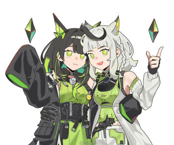 2girls absurdres arknights arknights:_endfield bare_shoulders black_coat black_gloves black_hair cat_girl chinese_commentary coat commentary_request dual_persona fingerless_gloves gloves green_eyes grey_hair highres long_hair long_sleeves looking_at_viewer m3_(arknights) material_growth mon3tr_(arknights) multicolored_hair multiple_girls open_clothes open_coat open_mouth oripathy_lesion_(arknights) short_hair simple_background smile two-tone_hair white_background wwfo_2