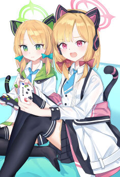 2girls absurdres animal_ear_headphones animal_ears aqua_bow aqua_necktie black_pantyhose black_skirt black_thighhighs blue_archive blush bow closed_mouth collared_shirt controller fake_animal_ears game_controller game_development_department_(blue_archive) green_eyes green_halo halo headphones highres holding holding_controller holding_game_controller jacket long_hair long_sleeves midori_(blue_archive) momoi_(blue_archive) multiple_girls necktie open_mouth orange_hair pantyhose pink_bow pink_eyes pink_halo pink_nails pleated_skirt shirt siblings sisters skirt thighhighs weeyi white_jacket white_shirt