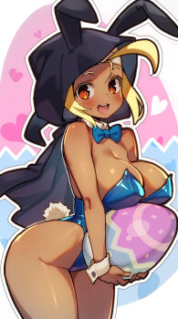 Rule 34 | 1girl, animal ears, animal hood, black cloak, blonde hair, blue bow, blue bowtie, blue leotard, blush, bow, bowtie, breasts, cloak, commentary, cowboy shot, dark-skinned female, dark skin, detached collar, easter egg, egg, english commentary, fake animal ears, heart, highleg, highleg leotard, highres, holding, holding egg, hood, hood up, hooded cloak, large breasts, leotard, life is pi, looking at viewer, open mouth, outline, playboy bunny, rabbit hood, rabbit tail, red eyes, shantae (series), sky (shantae), smile, solo, standing, strapless, strapless leotard, tail, white outline, white wrist cuffs, wrist cuffs