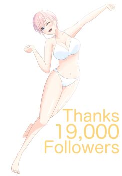 1girl 5sistersnet arm_up barefoot bikini blue_eyes blush breasts cleavage commentary_request go-toubun_no_hanayome halterneck highres large_breasts looking_at_viewer milestone_celebration nakano_ichika navel one_eye_closed open_mouth pink_hair short_hair swimsuit teeth upper_teeth_only white_bikini