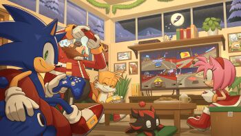 1girl 1other 3boys :t ^_^ absurdly_detailed_composition absurdres action_figure alt_text artist_name bald bean_bag_chair big_the_cat black_pants blue_fur book bookshelf boots chao_(sonic) character_doll clenched_teeth closed_eyes closed_mouth coat commentary controller cookie cup dark_chao digimin dinosaur doll dress english_commentary facial_hair flying food fox_boy full_moon furry furry_female furry_male game_console game_controller gamepad gloves goggles goggles_on_head green_eyes hand_on_own_head highres holding holding_controller hot_chocolate indoors knuckles_the_echidna living_room looking_at_viewer looking_back moon mug multiple_boys mustache neutral_chao night nights_(character) nights_into_dreams official_art pants photo_(object) picture_frame pillow plant plate playing_games poster_(object) potted_plant pout red_boots red_coat red_dress rubbing_head second-party_source shadow_chao shadow_the_hedgehog sitting smile snow snowing sonic_(series) sonic_chao sonic_racing:_crossworlds sonic_rumble sonic_the_hedgehog sonic_the_hedgehog_(idw) table tails_(sonic) tangle_the_lemur teeth television tree video_game wall_shelf whipped_cream whisper_the_wolf white_gloves window winter wooden_floor yellow_fur