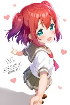 1girl :d aqua_eyes arms_up blush brown_shoes commentary_request dated full_body grey_sailor_collar grey_skirt happy_birthday heart highres kurosawa_ruby looking_at_viewer looking_back love_live! love_live!_sunshine!! medium_hair miniskirt neckerchief open_mouth outstretched_arms pleated_skirt rabineru red_hair red_neckerchief sailor_collar school_uniform serafuku shirt shoes short_sleeves sidelocks skirt smile solo spread_arms standing twitter_username two_side_up uranohoshi_school_uniform white_shirt
