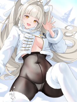 1girl absurdres black_pantyhose blanc_(fortune_express)_(nikke) blanc_(nikke) breasts coat commentary_request covered_navel fang goddess_of_victory:_nikke highres long_hair looking_at_viewer medium_breasts no_bra official_alternate_costume official_alternate_hairstyle open_mouth panties panties_under_pantyhose pantyhose rem_mie skin_fang snowing solo tree twintails underwear very_long_hair white_coat white_hair white_panties winter winter_clothes winter_coat yellow_eyes