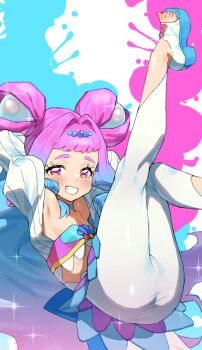 1girl armpits ass barefoot blunt_bangs blush breasts commentary cure_la_mer grin groin highres legs legs_up looking_at_viewer mo_(boo1719501boo) pantyhose pink_eyes pink_hair precure sandals small_breasts smile solo thighs tropical-rouge!_precure white_pantyhose