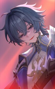 Rule 34 | 1boy, ahoge, armor, belt, belt collar, black belt, blue shirt, choker, coat, collar, collared shirt, commentary request, earrings, genshin impact, green hair, hair between eyes, hair intakes, highres, jewelry, lohen (genshin impact), long sleeves, looking down, male focus, mole, mole under eye, multicolored eyes, okkobc, orange sky, parted lips, shirt, short hair, shoulder armor, single earring, sky, smile, smirk, solo, upper body