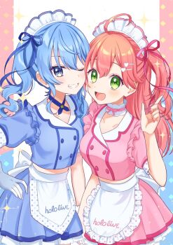 Rule 34 | 2girls, apron, blue dress, blue eyes, blue hair, blue ribbon, blush, collarbone, commentary request, dress, fingernails, frilled apron, frilled hairband, frills, hair between eyes, hair ornament, hair ribbon, hairband, hand on own hip, highres, hololive, hoshimachi suisei, looking at viewer, maid, maid headdress, midriff, multiple girls, nail polish, one eye closed, open mouth, pina710, pink dress, pink hair, pink nails, puffy short sleeves, puffy sleeves, ribbon, sakura miko, short sleeves, smile, teeth, waist apron, white apron