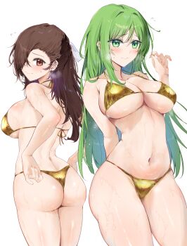 2girls adjusting_clothes adjusting_swimsuit alternate_costume arm_behind_back ass bare_arms bare_back bare_shoulders bikini blush braid breasts brown_eyes brown_hair cleavage closed_mouth commentary_request cowboy_shot embarrassed fire_emblem fire_emblem:_path_of_radiance fire_emblem:_radiant_dawn fire_emblem_fates flying_sweatdrops from_behind furrowed_brow gold_bikini green_eyes green_hair hair_between_eyes hair_over_one_eye highres kagero_(fire_emblem) large_breasts long_hair looking_at_viewer looking_back multiple_girls navel nephenee_(fire_emblem) nintendo one_eye_covered playing_with_own_hair ponytail shy sideboob simple_background skindentation standing stomach string_bikini swimsuit thick_thighs thighs thong thong_bikini turning_head underboob very_long_hair water_drop wavy_mouth wet white_background yuuri_(orz_commushows)
