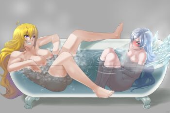 2girls bathtub blonde_hair blue_eyes blush boiling breasts claw_foot_bathtub completely_nude cryokinesis grey_background grin hug ice large_breasts long_hair multiple_girls nipples nude partially_submerged purple_eyes rwby silver_hair sinccubi sitting small_breasts smile smirk spread_legs tub water weiss_schnee white_background yang_xiao_long