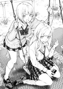 Rule 34 | 2girls, bob cut, bow, bowtie, breasts, cardigan, cellphone, closed mouth, collared shirt, commentary, diagonal-striped bow, diagonal-striped bowtie, diagonal-striped clothes, ear piercing, full body, greyscale, gyaru, holding, holding phone, leaning forward, loafers, long hair, long sleeves, looking at viewer, loose bowtie, loose socks, medium breasts, miniskirt, monochrome, multiple girls, necktie, on swing, open mouth, original, outdoors, phone, piercing, plaid clothes, plaid skirt, pleated skirt, ribbed socks, saeki shun, school uniform, shirt, shirt tucked in, shoes, short hair, sidelocks, sitting, skirt, sleeves past wrists, smartphone, smile, socks, standing, striped bow, striped bowtie, striped clothes, striped necktie, swing, swing set, tongue, tongue out, wariza, wavy hair, wing collar