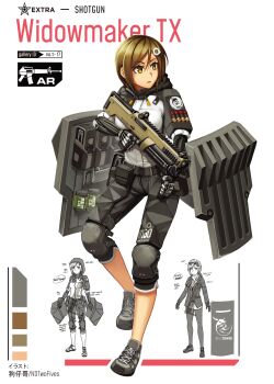 12-gauge 1girl ammunition ballistic_shield black_shorts breasts brown_eyes brown_hair character_name cmmia color_guide commentary_request cylinder cylinder_(weapon) deus_ex deus_ex:_human_revolution dress eyewear_on_head girls&#039;_frontline grey_footwear gun hair_between_eyes hair_ornament highres holding holding_gun holding_weapon hood hood_down hood_up hooded_jacket jacket knee_pads looking_away medium_breasts multiple_views ndtwofives original pantyhose parted_bangs parted_lips polymer-cased_ammunition quad-tube_rotating_magazine revolver_shotgun rotating-tube_magazine semi-automatic_shotgun shield shield_module shoes short_dress short_hair shorts shotgun shotgun_shell srm_1216 srm_arms_model_1216 standing star_(symbol) sunglasses v-shaped_eyebrows weapon white_background white_jacket widowmaker_tx