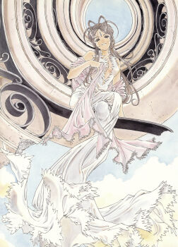 1girl aa_megami-sama absurdres antenna_hair belldandy blue_eyes brown_hair cloud dress facial_mark forehead_mark fujishima_kousuke hand_on_own_chest highres long_hair non-web_source official_art self-scan shawl sky smile