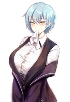 angela_(project_moon) artist_request blue_hair blush breasts coat collared_shirt large_breasts library_of_ruina looking_at_viewer napkin non-web_source off_shoulder own_hands_together project_moon shirt short_hair simple_background source_request vest white_background white_shirt yellow_eyes