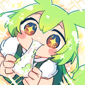 +_+ 1girl animal_ears ayakashi_(monkeypanch) blush_stickers brown_eyes closed_mouth commentary double-parted_bangs eating food green_hair green_shorts hair_between_eyes highres holding holding_food long_hair mochi mochi_trail shirt short_sleeves shorts smile solo sparkle suspender_shorts suspenders voicevox white_shirt zunda_mochi zundamon