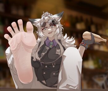 1girl animal_ears arknights barefoot feet highres lappland_(arknights) long_hair looking_at_viewer nian_nian_zi open_mouth sharp_teeth soles sunglasses_on_head sweat teeth toes white_hair