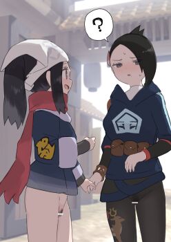 2girls :d ? akari_(pokemon) bandana bar_censor black_eyes black_hair black_pantyhose blush bottomless breasts censored exhibitionism female_pubic_hair headscarf holding_hands long_hair mai_(pokemon) mole mole_under_mouth multiple_girls nintendo open_mouth pantyhose pokemon pokemon_legends:_arceus pubic_hair public_indecency samidare_(hoshi) scarf smile spoken_question_mark sweat white_headscarf