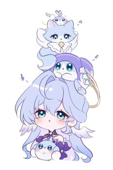 1girl absurdres angel angel_wings animal bare_shoulders bird bird_wings blue_hair blush commentary_request green_eyes halo highres holding honkai:_star_rail honkai_(series) long_hair looking_at_viewer open_mouth robin_(honkai:_star_rail) shino_(uqwjl) wings yellow_halo