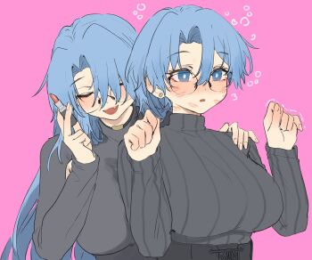 2girls aochoku armpit_cutout black-framed_eyewear black_sweater blue_eyes blue_hair blush breasts clenched_hands closed_eyes clothing_cutout commentary cosmetics dazed glasses hair_between_eyes highres large_breasts leona_(aochoku) leone_(aochoku) lipstick lipstick_mark lipstick_tube long_hair long_sleeves makeup multiple_girls open_mouth original parted_lips pink_background ribbed_sweater short_hair simple_background sweater symbol-only_commentary trembling turtleneck turtleneck_sweater upper_body very_long_hair yuri