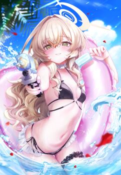 1girl absurdres alternate_costume arashiomoto bikini black_bikini blonde_hair blue_archive commentary_request fluffy_hair food frilled_bikini frills green_eyes halo highres holding holding_food holding_popsicle holding_swim_ring holding_water_gun innertube long_hair looking_at_viewer open_mouth popsicle professor_niyaniya_(blue_archive) side-tie_bikini_bottom side_ahoge smile solo string_bikini swim_ring swimsuit teeth wading water_gun wavy_hair yellow_halo