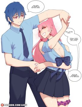 1boy 1girl absurdres blue_bow blue_eyes blue_hair blue_necktie blue_shirt blue_skirt blush bow clothing_cutout collared_shirt commentary cone_hair_bun couple dancing double_bun earrings english_commentary english_text fuufu_ijou_koibito_miman. hair_bun heart heart_earrings hetero highres holding_hands jewelry luxu necktie patreon_username pink_hair pink_nails red_eyes school_uniform shirt skirt speech_bubble thigh_scrunchie watanabe_akari white_background yakuin_jirou