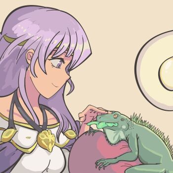 1girl bare_shoulders circlet davewaterfalls fire_emblem fire_emblem:_genealogy_of_the_holy_war iguana_(animal) julia_(fire_emblem) lizard long_hair nintendo petting purple_eyes purple_hair solo