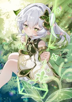 1girl absurdres bare_shoulders closed_mouth commentary_request dated detached_sleeves dress from_side genshin_impact gold_trim gradient_hair green_eyes green_hair green_sleeves hair_between_eyes hair_ornament highres leaf_hair_ornament long_hair looking_at_viewer looking_to_the_side multicolored_hair nahida_(genshin_impact) on_swing outdoors pointy_ears side_ponytail sleeveless sleeveless_dress solo sorani_(kaeru0768) star-shaped_pupils star_(symbol) sunlight swing symbol-shaped_pupils white_dress white_hair