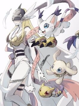 Rule 34 | 1girl, angewomon, blonde hair, blue eyes, bodysuit, claws, clothing cutout, covered eyes, digimon, digimon (creature), helmet, helmet over eyes, highres, long hair, navel cutout, nyaromon, one eye closed, plotmon, red eyes, tail, tailmon, takase (takase1214), wanyamon, white bodysuit, white fur, yellow fur, yukimibotamon