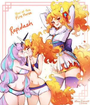 2girls animal_ears artist_name blonde_hair blue_eyes bra breasts character_name chinese_zodiac commentary dated dress english_commentary eye_contact galarian_form galarian_rapidash gen_1_pokemon gen_8_pokemon highres horns horse_ears horse_girl humanization looking_at_another looking_at_viewer mina_cream multiple_girls nintendo open_mouth orange_hair pokemon purple_bra purple_hair rapidash red_eyes single_horn striped_hair underwear wavy_hair white_bra white_dress year_of_the_horse yuri