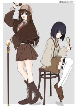 2girls aozaki_aoko arm_up artist_name black_eyes black_hair blue_eyes boots brown_capelet brown_hair brown_necktie brown_shoes brown_shorts brown_skirt cane capelet collared_shirt crossed_ankles full_body grey_shirt hair_between_eyes high_heel_boots high_heels highres holding holding_cane holding_magnifying_glass holding_smoking_pipe kuonji_alice lace-up_boots light_frown long_hair magnifying_glass mahou_tsukai_no_yoru miniskirt multiple_girls necktie on_stool open_mouth outside_border puffy_sleeves red_necktie shirt shoes short_hair shorts sitting skirt smile smoking_pipe standing striped_clothes striped_thighhighs suspenders thighhighs type_mahoyo white_thighhighs wide_sleeves