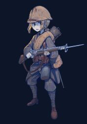 Rule 34 | 1girl, absurdres, adrian helmet, ammunition pouch, bag, bayonet, belt, blonde hair, blue eyes, bolt action, boots, breast pocket, brown footwear, buttons, canteen, coat, combat helmet, commentary, commission, erica (naze1940), france, french army, full body, gun, gun sling, helmet, highres, holding, holding gun, holding weapon, lebel model 1886, load bearing equipment, long hair, long sleeves, mess kit, military, military rank insignia, military uniform, open mouth, original, pants, pocket, ponytail, pouch, puttee, rifle, sidelocks, simple background, soldier, solo, standing, teeth, tongue, uniform, upper teeth only, weapon, world war i