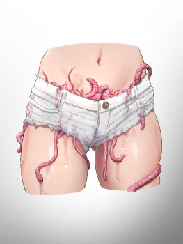 1girl buttons commentary_request cropped_legs crotch_focus cutoffs highres micro_shorts navel original shokushi_yuu shorts simple_background skindentation solo tentacles tentacles_under_clothes thighs wet wet_clothes white_background white_shorts