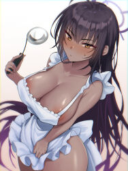 Rule 34 | 1girl, absurdres, apron, areola slip, black hair, blue archive, blush, breasts, cleavage, closed mouth, commentary, cowboy shot, dark-skinned female, dark skin, frilled apron, frills, hair between eyes, highres, holding, holding ladle, karin (blue archive), ladle, large breasts, long hair, naked apron, shihoaitogi, solo, white apron, yellow eyes