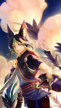 Rule 34 | 1boy, animal ear fluff, animal ears, artist name, black gloves, black hair, commentary, flower, flower request, fox boy, fox ears, genshin impact, gloves, green eyes, green hair, highres, looking at viewer, male focus, multicolored hair, oyakorodesu, parted lips, short hair, solo, streaked hair, tail, teeth, tighnari (genshin impact), white flower