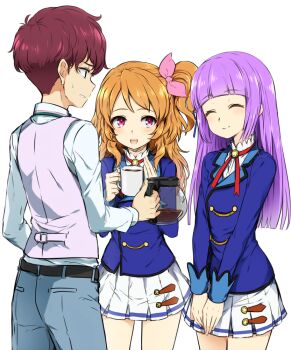 1boy 2girls :d aikatsu! aikatsu!_(series) blazer brown_hair coffee_mug coffee_pot commentary_request cup from_behind hair_ribbon hikami_sumire jacket long_hair minatsuki_randoseru mug multiple_girls one_side_up ozora_akari open_mouth pink_eyes pink_ribbon profile purple_hair ribbon school_uniform sena_tsubasa simple_background skirt smile starlight_academy_school_uniform stepford_smile white_background