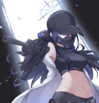 absurdres bare_shoulders baseball_cap black_hat black_shirt blue_archive blue_eyes blue_hair breasts coat crop_top gun hat highres holding holding_gun holding_weapon kyl490 large_breasts long_hair looking_at_viewer mask midriff mouth_mask navel off_shoulder open_clothes open_coat rifle saori_(blue_archive) shirt stomach upper_body very_long_hair weapon white_coat