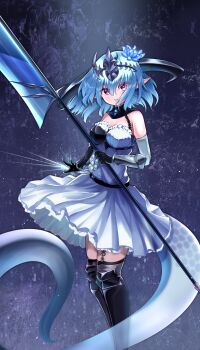 1girl absurdres aqua_hair armor armored_legwear blue_flower breastplate breasts dragon_girl dragon_horns dragon_tail dress eyes_visible_through_hair filene_(shadowverse) flower gauntlets grey_thighhighs hair_flower hair_ornament headpiece highres holding holding_polearm holding_weapon horns looking_at_viewer medium_breasts medium_hair parted_lips pointy_ears polearm purple_eyes shadowverse solo strapless strapless_dress tail thick_thighs thighhighs thighs weapon white_dress yurihasu