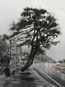 Rule 34 | 1other, absurdres, atami (shizuoka), black coat, car, coat, commentary request, highres, holding, holding umbrella, katakai, motor vehicle, original, outdoors, overcast, power lines, road, scenery, sky, solo, tree, umbrella