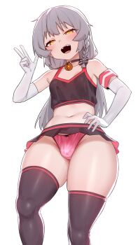1boy absurdres bare_shoulders bell black_skirt black_thighhighs bulge crossdressing crossdressing_(mtf) elbow_gloves feet_out_of_frame gloves grey_hair hand_on_own_hip hand_up highres ikr_(artist) jingle_bell long_hair male_focus midriff navel neck_bell open_mouth panties pink_panties simple_background skirt smile solo standing stomach thighhighs tongkkangi tongkkangi_(streamer) trap underwear virtual_youtuber w white_background white_gloves yellow_eyes