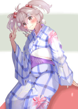 1girl ahoge animal animal_on_shoulder cowboy_shot gingham_kimono hair_bobbles hair_ornament highres index_finger_raised japanese_clothes kantai_collection kimono no_count_0000 obi pink_eyes pink_hair purple_kimono purple_scrunchie rabbit_on_shoulder sash sazanami_(kancolle) sazanami_(yukata)_(kancolle) scrunchie short_hair sitting twintails yukata