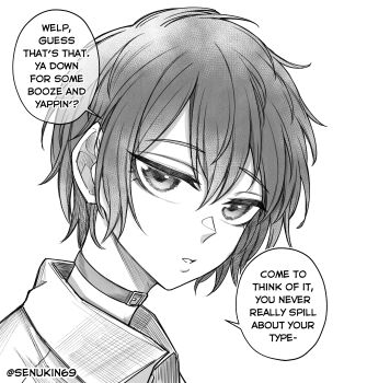 1girl absurdres artist_name choker commentary double-parted_bangs english_text greyscale hair_between_eyes highres looking_at_viewer monochrome original parted_lips portrait senukin short_hair simple_background solo speech_bubble talking twitter_username white_background