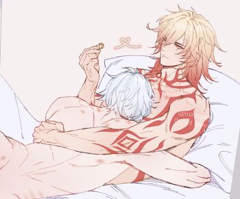 2boys antenna_hair arm_tattoo bite_mark blanket blonde_hair braid chest_tattoo commentary facial_tattoo gradient_hair hand_on_another's_back hickey holding holding_jewelry holding_ring honkai:_star_rail honkai_(series) hug jewelry male_focus medium_hair mintoss multicolored_hair multiple_boys mydei_(honkai:_star_rail) phainon_(honkai:_star_rail) red_hair red_tattoo ring short_hair side_braid tattoo topless_male twitter_username watermark white_hair yaoi yellow_eyes