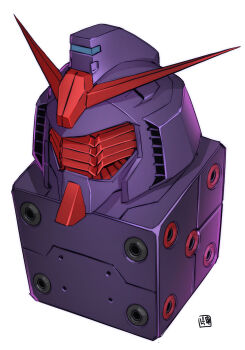 1other dice gundam gundam_gquuuuuux highres mecha mecha_focus mobile_suit nakano_haito no_humans psycho_gundam_(gquuuuuux) robot saikoro_gundam science_fiction signature simple_background v-fin white_background