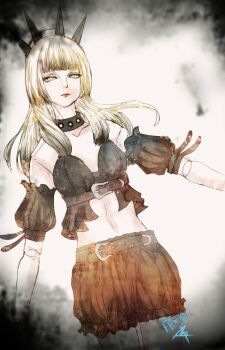 1girl bare_shoulders belt belt_buckle black_belt black_choker black_hair black_shorts blonde_hair blunt_bangs breasts buckle choker colored_tips commentary_request copyright_name detached_sleeves doll_joints final_fantasy final_fantasy_xiv galatea_magna gradient_hair joints long_hair medium_breasts multicolored_hair navel puffy_short_sleeves puffy_sleeves red_lips ruka_(blueplus84) short_sleeves shorts solo tiara two-tone_hair yellow_eyes