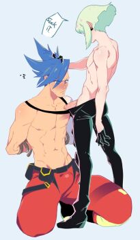 2boys abs arms_behind_back belt belt_pouch black_belt black_gloves black_pants blue_eyes blue_hair blush boots bound bound_arms collarbone domination english_text erection flying_sweatdrops full_body galo_thymos gloves green_hair groin hair_behind_ear hand_in_another's_hair kukumomo lio_fotia looking_at_penis male_focus multiple_boys navel nervous_sweating nipples open_pants pants parted_lips pectorals penis pouch promare red_pants short_hair simple_background speech_bubble standing sweat toned toned_male topless_male white_background yaoi