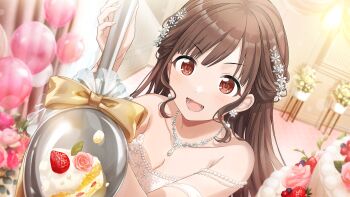 balloon breasts brown_hair cake cleavage earrings food game_cg hair_ornament holding idolmaster idolmaster_shiny_colors idolmaster_shiny_colors_song_for_prism jewelry necklace official_art open_mouth plant potted_plant red_eyes sonoda_chiyoko spoon