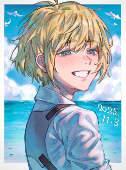 Rule 34 | 1boy, aida aot, armin arlert, bird, blonde hair, blue eyes, blue sky, border, cloud, collared shirt, commentary request, dated, dove, grin, highres, looking at viewer, male focus, mismatched eyebrows, ocean, outside border, shingeki no kyojin, shirt, short hair, sky, smile, solo, white bird, white border, white shirt
