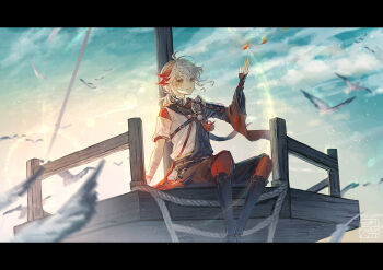 1boy absurdres armor bandaged_wrist bandages bird black_footwear black_shorts crow's_nest genshin_impact highres hitohachan japanese_armor japanese_clothes kaedehara_kazuha lens_flare letterboxed light_particles male_focus multicolored_hair orange_eyes orange_hair outdoors parted_lips ponytail seagull short_hair shorts shoulder_armor sitting smile sode solo two-tone_hair white_hair wide_shot