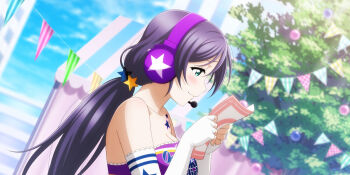 1girl anime_coloring bandeau bare_shoulders blue_sky blurry blurry_background blush bokeh breasts cleavage closed_mouth cloud collarbone day depth_of_field elbow_gloves fingerless_gloves frilled_gloves frills from_side furrowed_brow gloves green_eyes hair_ornament hands_up headphones headset highres holding long_hair looking_at_object love_live! love_live!_school_idol_festival_all_stars love_live!_school_idol_project low_twintails medium_breasts official_alternate_costume official_art outdoors paper profile purple_hair raised_inner_eyebrows sky solo star_(symbol) star_hair_ornament star_tattoo string_of_flags takaramonozu tattoo tearing_up tent tojo_nozomi tree twintails upper_body white_gloves