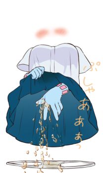 1girl blue_gloves blush boku_no_hero_academia brcl7777 clothes_lift commentary_request gloves hagakure_toru invisible pee peeing shirt simple_background skirt solo variant_set white_background white_shirt